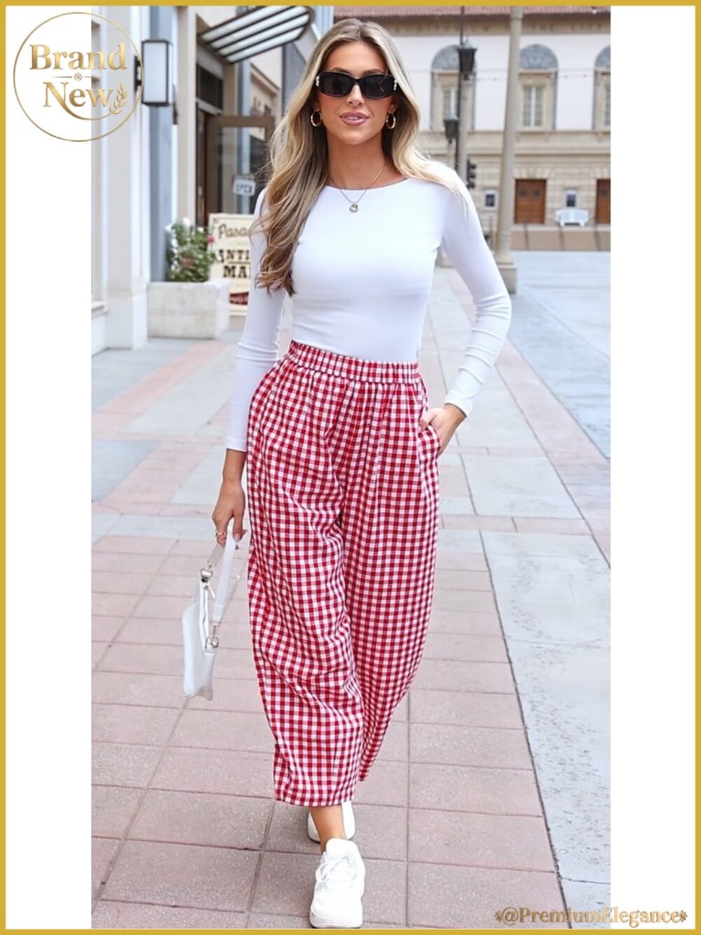 Plaid Barrel Pants Women Wide Leg Elastic Waist Casual - Picture 5 of 6